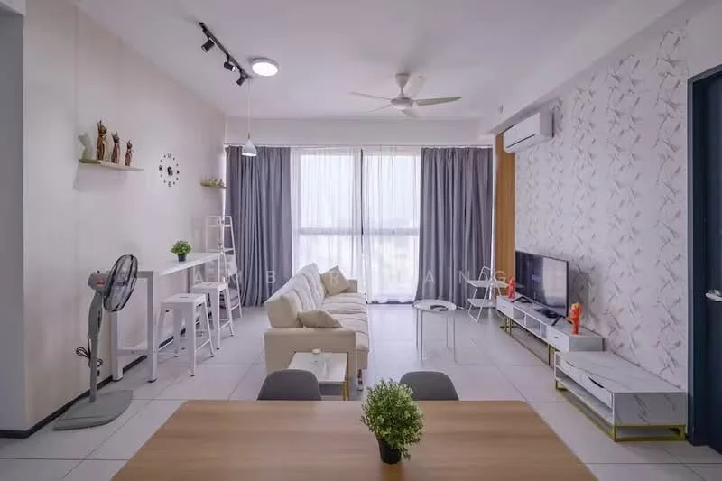 Living features: 3-seater fabric sofa in cream, coffee table with glass top, TV console with storage, wall-mounted TV, ceiling fan with integrated light, floor-to-ceiling windows, sheer curtains, decorative wall with geometric pattern, light grey accent wall, white tiled flooring, decorative clock on wall, open shelving with decorative items; style: modern; view: city.