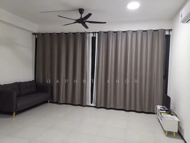 Living features: 3-seater fabric sofa in grey, floor-to-ceiling windows, blackout curtains, ceiling fan, LED recessed lighting, light-colored tile flooring, TV console, wall-mounted TV; style: modern.