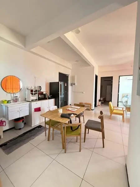 Dining features: square dining table, 4 wooden dining chairs, white painted walls, tile flooring, pendant light, built-in cabinetry, kitchenette with coffee machine, microwave, refrigerator, open layout, natural light from windows; style: modern. Room features: grey accent wall, doorway leading to another room, light-colored ceiling, wall-mounted air conditioning unit.
