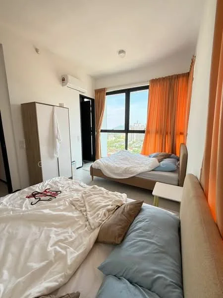 Bedroom features: floor-to-ceiling windows, orange curtains, white walls, light-colored flooring, queen-size bed, upholstered headboard, bedside table, built-in wardrobe, air conditioning unit, blankets and pillows on beds; style: modern; view: city.