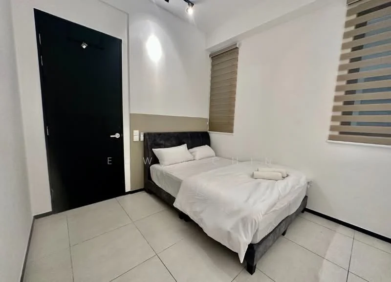 Bedroom features: single bed with white bedding, black upholstered bed frame, white painted walls, grey tile flooring, black door, window with horizontal blinds, LED ceiling lights, towel on the bed; style: modern.