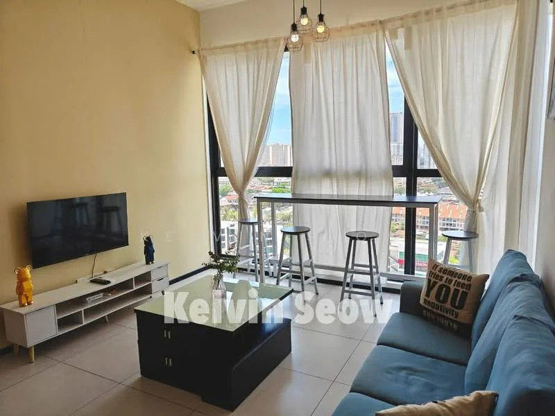 Living features: floor-to-ceiling windows, sheer curtains, 3-seater fabric sofa in light blue, decorative throw pillows, coffee table, TV console, wall-mounted TV, pendant lighting, tile flooring, city view from window, bar stools; style: modern; view: city.