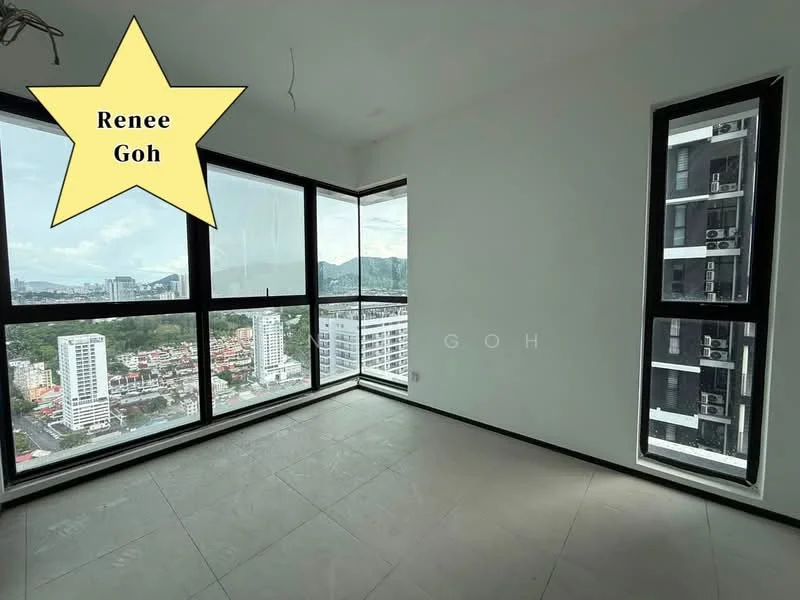 Room features: floor-to-ceiling windows, white painted walls, grey tile flooring, city view, air conditioning units visible, natural light, open layout, minimalist design; style: modern; view: city.
