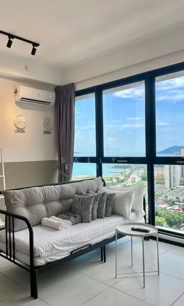 Living features: floor-to-ceiling windows, city view, white walls, light grey sofa bed, decorative cushions, small side table, wall-mounted air conditioning unit, track lighting, curtains, tile flooring; style: modern; view: city.