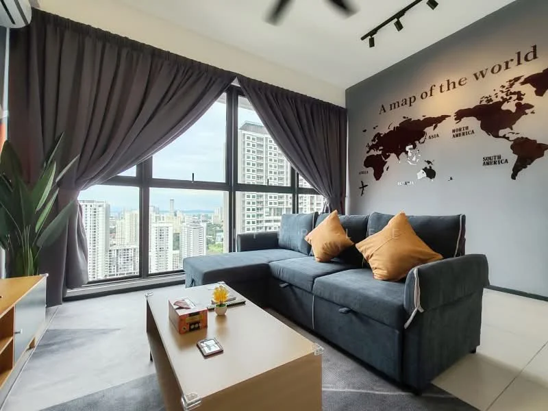 Living features: 3-seater fabric sofa in dark grey, orange decorative cushions, floor-to-ceiling windows, blackout curtains, map of the world wall art, light grey area rug, wooden coffee table, potted plant, wall-mounted air conditioning unit, recessed LED downlights, ceiling fan; style: modern; view: city.