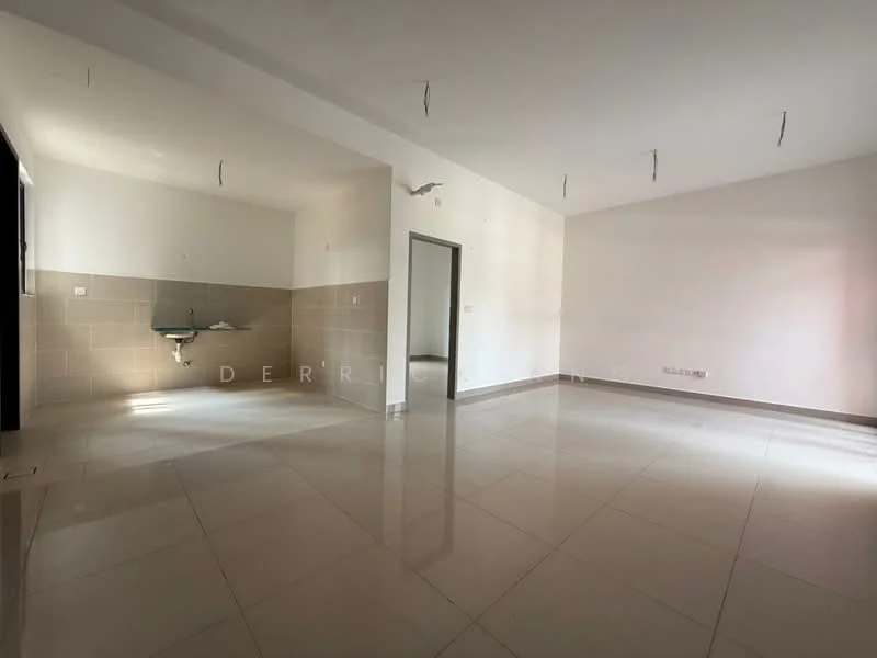 Room features: white painted walls, grey tiled flooring, recessed downlights, single-bowl stainless-steel sink, kitchen cabinetry, open layout, large windows, no visible appliances; style: modern.