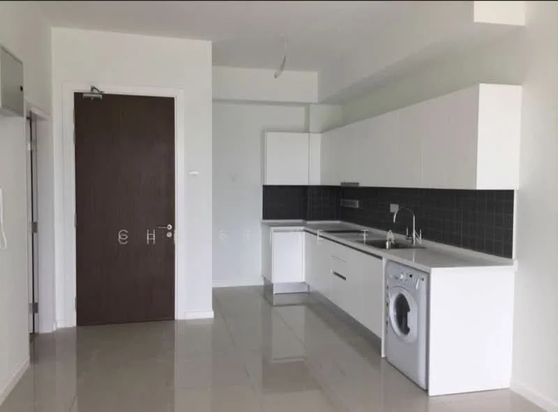 Kitchen features: white cabinetry, black tiled backsplash, stainless-steel sink, chrome pull-down faucet, built-in oven, freestanding washing machine, ceramic tile flooring, recessed downlights, countertop with overhang, open shelving, wall-mounted cabinet, single-bowl sink; style: modern.