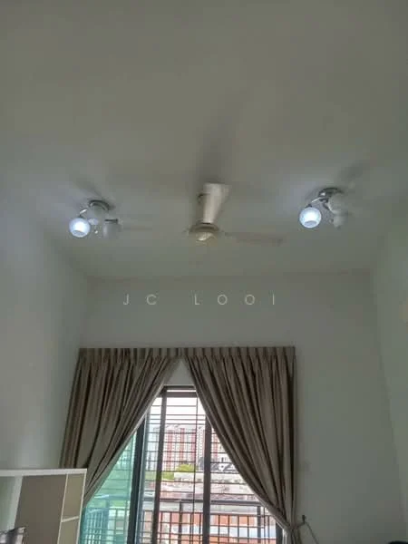 Room features: white painted walls, ceiling fan, recessed downlights, curtains, floor-to-ceiling windows.