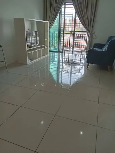 Living features: white painted walls, glossy ceramic tile flooring, floor-to-ceiling sliding glass door, curtains, blue fabric sofa, open shelving unit, coffee table, natural light from balcony; style: modern; view: balcony.