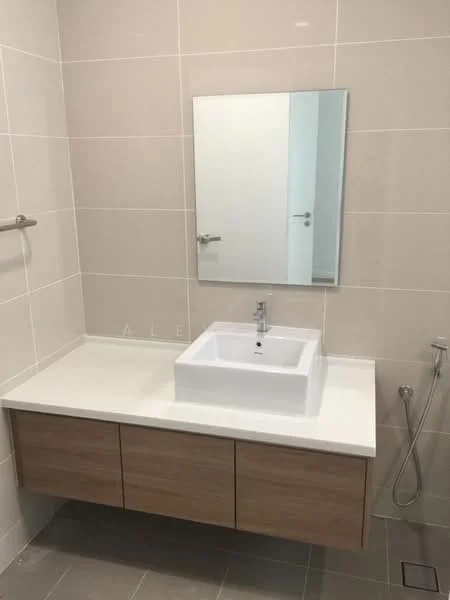 Bathroom features: wall-mounted sink, single-bowl ceramic sink, chrome basin mixer faucet, mirror above sink, light-colored tiled walls, light-colored tiled flooring, wooden vanity with storage drawers, handheld shower with wall mount; style: modern.