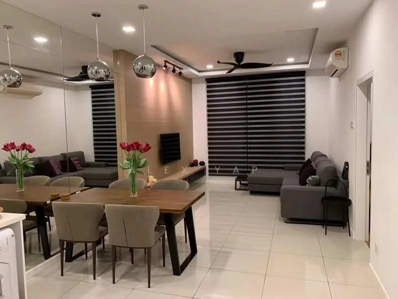 Living features: grey sectional sofa, 2-seater fabric sofa, coffee table, wall-mounted TV, recessed downlights, 5-blade ceiling fan, decorative wall with wood paneling, black horizontal blinds, dining table with 4 upholstered chairs, vase with flowers, white tiled flooring, air conditioning unit; style: modern.