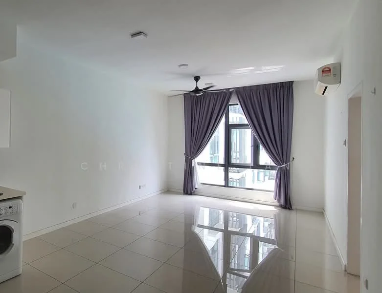 Living features: white painted walls, glossy tile flooring, 5-blade ceiling fan with light, floor-to-ceiling windows, purple curtains, wall-mounted air conditioning unit, natural light from window, washing machine, open layout; style: modern; view: city.