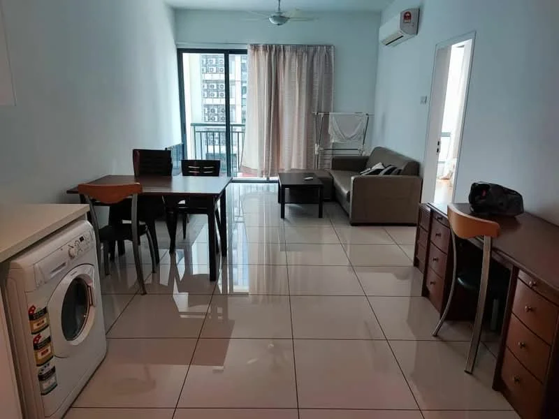Living features: large floor-to-ceiling windows, sliding glass door, cream painted walls, white ceiling, 5-blade ceiling fan, recessed downlights, grey fabric sofa, wooden coffee table, 2-seater dining table with chairs, 1-seater dining chair, washing machine, wooden study desk, laundry drying rack; style: modern; view: city.