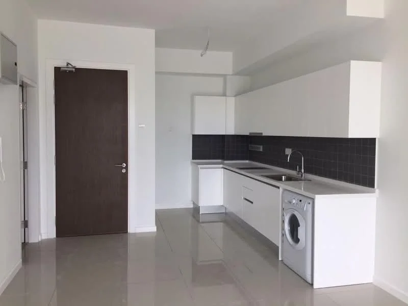 Kitchen features: white cabinetry, black tiled backsplash, stainless-steel sink, chrome pull-down faucet, built-in oven, freestanding washing machine, ceramic tile flooring, recessed downlights, open layout, wall-mounted cabinet, countertop with integrated sink, single-bowl stainless-steel sink; style: modern.