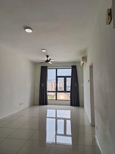 Living features: white painted walls, glossy ceramic tile flooring, 5-blade ceiling fan with light, floor-to-ceiling windows, grey curtains, wall-mounted air conditioning unit, recessed downlights, neutral decor; style: modern; view: city.