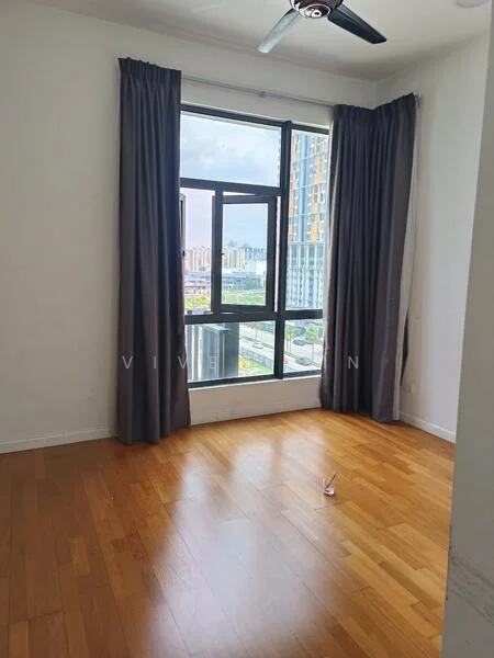 Room features: wooden flooring, floor-to-ceiling windows, grey curtains, ceiling fan, city view; view: city.