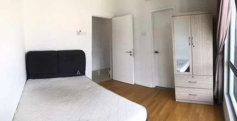Bedroom features: single bed, wooden flooring, white painted walls, large window with natural light, built-in wardrobe with mirror, nightstand with drawers, door leading to hallway, door leading to another room; style: modern.
