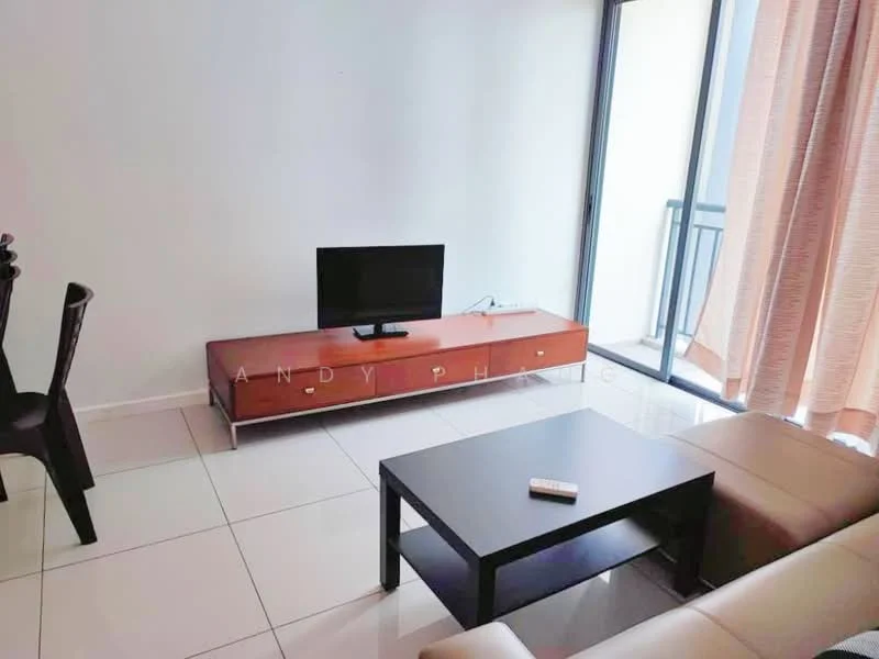Living features: light-colored walls, white tiled flooring, sofa in beige, black coffee table, wooden TV console, flat-screen TV, floor-to-ceiling windows, sheer curtains, balcony access; style: modern.