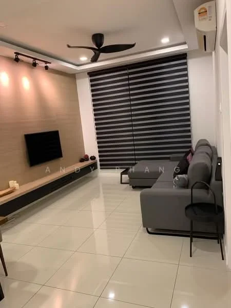 Living features: grey fabric sofa, wall-mounted TV, floating TV console, recessed lighting, 5-blade ceiling fan, white painted walls, black horizontal blinds, glossy tile flooring, decorative wall paneling, LED strip lighting; style: modern.