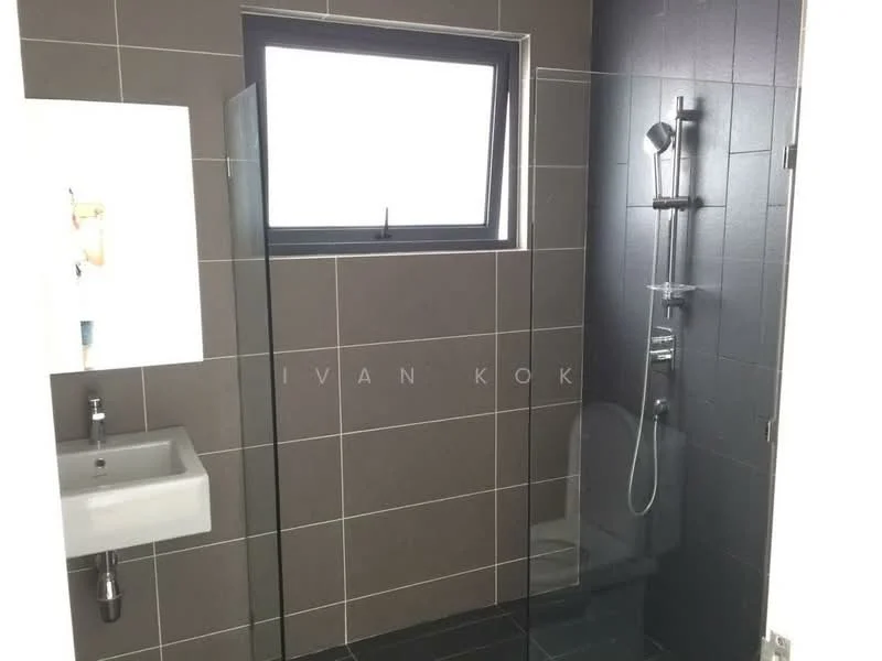 Bathroom features: grey tiled walls, black tiled flooring, glass shower enclosure, rain shower head, handheld shower, wall-mounted shower controls, toilet, small wall-mounted sink, window with black frame, modern faucet; style: modern.