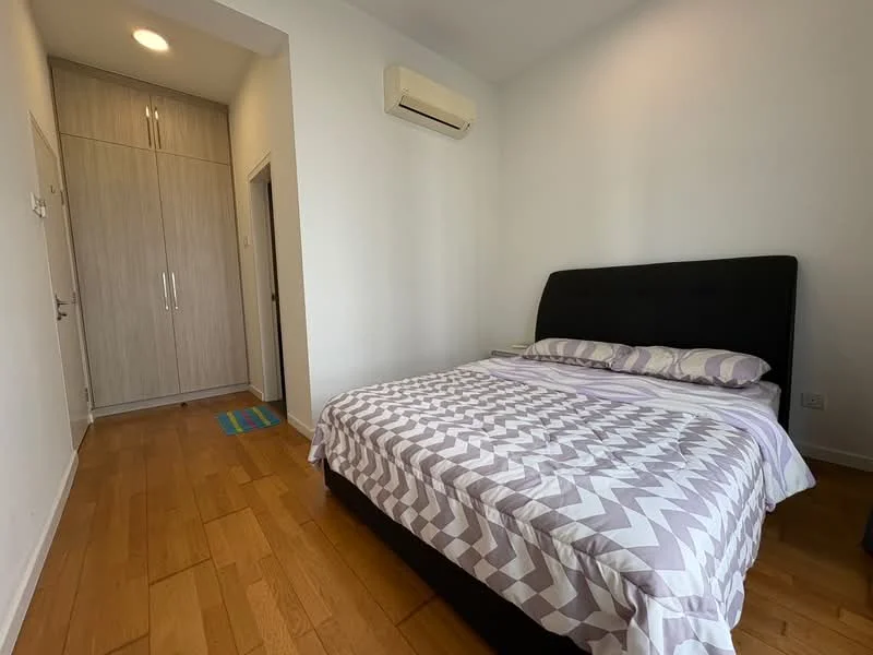 Bedroom features: queen-size bed with black upholstered headboard, bedding with geometric pattern, wooden flooring, built-in wardrobe with sliding doors, wall-mounted air conditioning unit, white painted walls, natural light from window, area rug with colorful stripes; style: modern.
