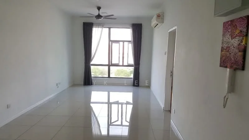 Living features: white painted walls, glossy tile flooring, 5-blade ceiling fan with light, floor-to-ceiling windows, sheer curtains, blackout curtains, air conditioning unit, decorative wall art; style: modern; view: garden.