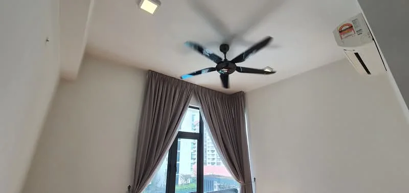 Room features: white painted walls, ceiling fan, recessed downlights, floor-to-ceiling windows, sheer curtains, air conditioning unit.
