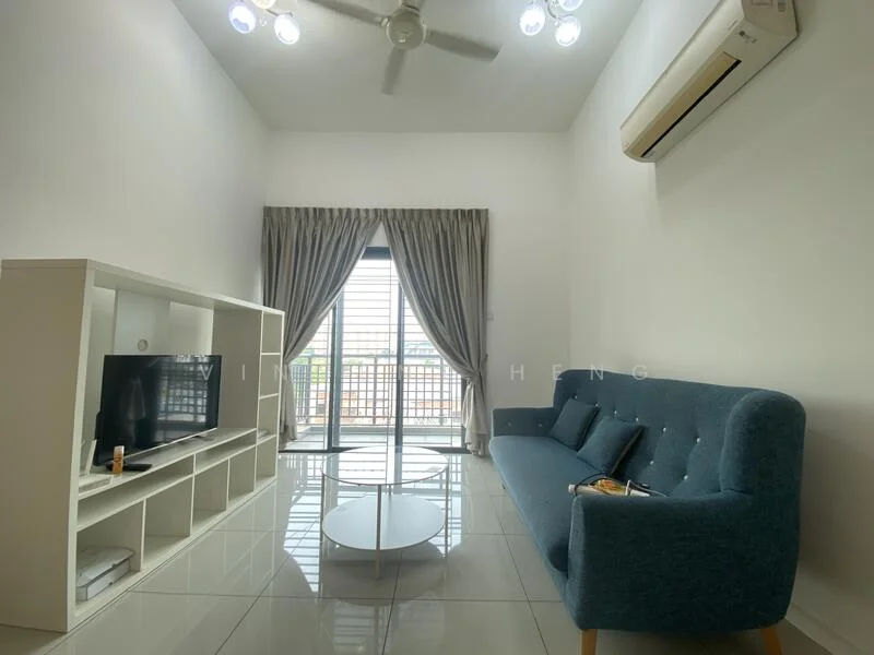 Living features: 3-seater fabric sofa in blue, coffee table, TV console, wall-mounted TV, floor-to-ceiling windows, sheer curtains, white painted walls, polished tile flooring, ceiling fan, recessed downlights, air conditioning unit; style: modern; view: garden.