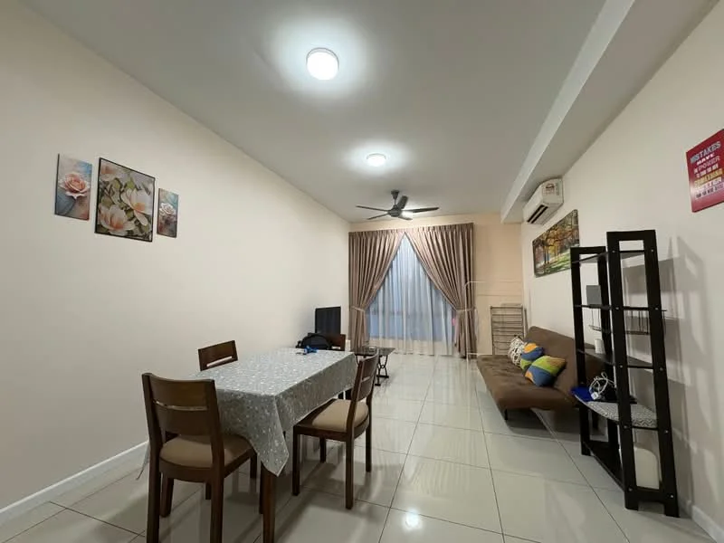Living features: white painted walls, glossy ceramic tile flooring, 5-blade ceiling fan with light, recessed LED downlights, floor-to-ceiling windows with sheer curtains, brown sofa bed, wooden dining table with four chairs, TV console, decorative wall art, open shelving unit; style: modern.