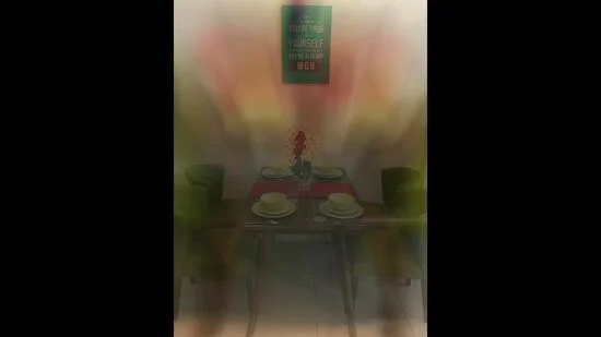 Dining features: wooden dining table, 4 upholstered dining chairs in green, table setting with plates and cutlery, decorative flower vase, wall art with motivational quote, red table runner, tile flooring, neutral wall color; style: modern.