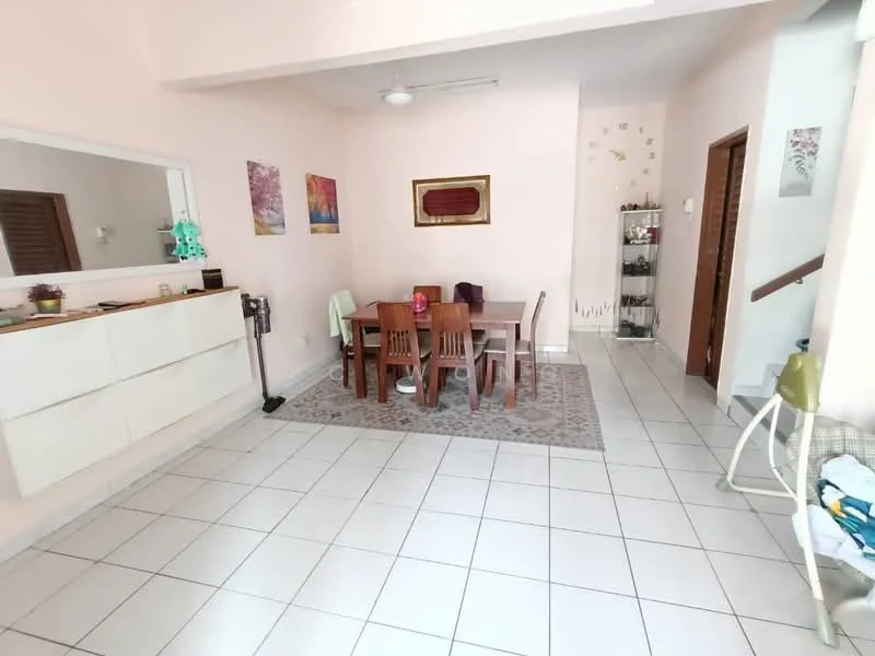 Dining features: light pink painted walls, white tiled flooring, dining table with four wooden chairs, area rug with geometric pattern, wall-mounted mirror, decorative wall art, ceiling fan, sideboard with storage drawers, glass display cabinet, staircase visible in background; style: modern.