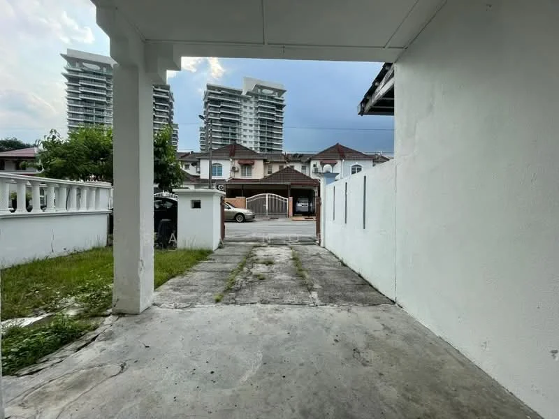Exterior type: detached bungalow; features: concrete driveway, white painted facade, manicured lawn, surrounded by low-rise residential buildings, view of high-rise condominiums in the background, paved walkway, fenced perimeter, front yard; style: modern.