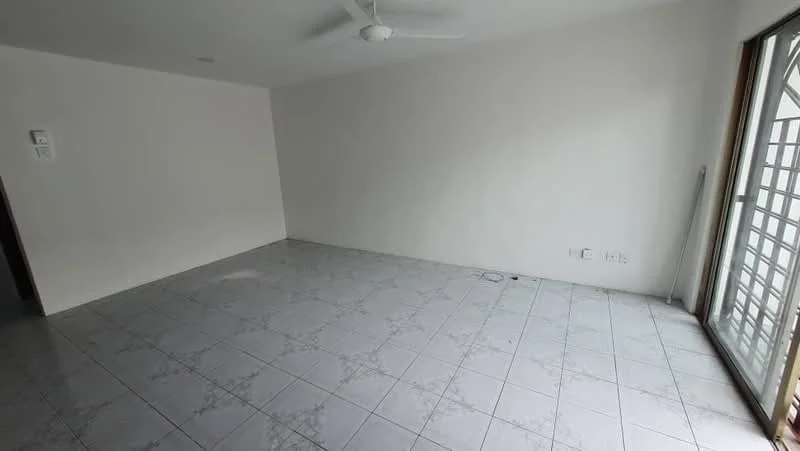 Room features: white painted walls, ceramic tile flooring, 5-blade ceiling fan, large window with grid pattern, sliding door, electrical outlets visible, no visible furniture or decor; style: minimalist.