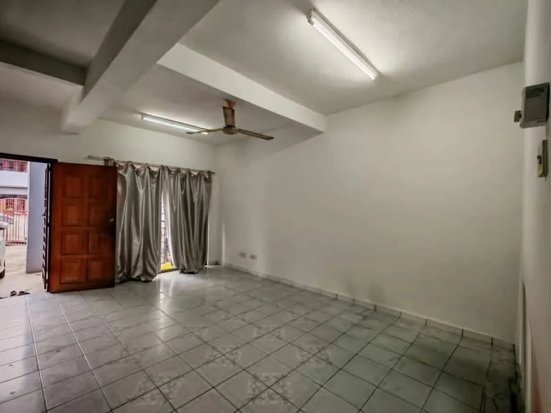 Living features: white painted walls, grey tiled flooring, exposed ceiling beams, ceiling fan, sliding glass door, curtains, light fixtures, corner windows.