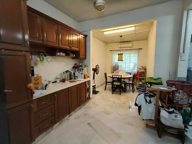 Kitchen features: brown wooden cabinetry, white countertop, stainless-steel sink, chrome faucet, built-in oven, microwave, kettle, toaster, ceramic tile flooring, ceiling fan, wall-mounted fan; style: traditional. Dining features: round dining table, 4 dining chairs, window with sheer curtains, light fixture, ceramic tile flooring; style: traditional.