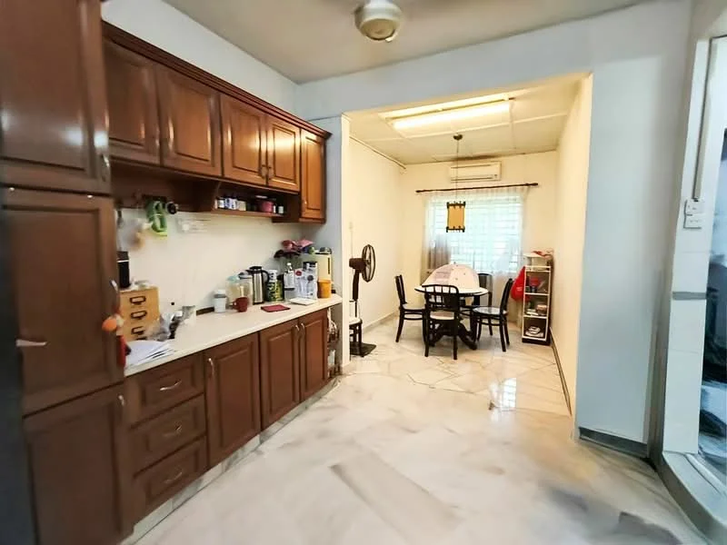Kitchen features: brown wooden cabinetry, white countertop, stainless-steel sink, chrome faucet, built-in oven, microwave, kettle, toaster, ceramic tile flooring, recessed ceiling lights, wall-mounted fan; style: traditional. Dining features: 4-seater dining table, black dining chairs, window with sheer curtains, ceramic tile flooring; style: traditional.
