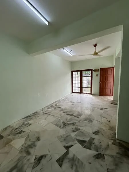 Room features: light green painted walls, marble flooring, ceiling fan, large windows with grid pattern, double doors leading outside, doorway to adjacent room, flush ceiling lights; style: modern; view: garden.