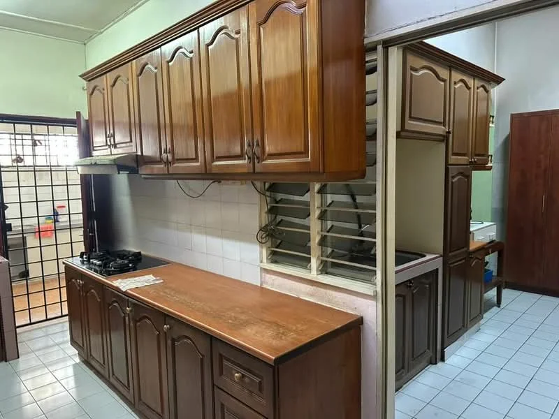 Kitchen features: wooden cabinetry, brown laminate countertop, gas stove with 2 burners, white tiled backsplash, white tiled flooring, double sink, window with horizontal slats, built-in pantry, refrigerator space, open shelving; style: traditional.