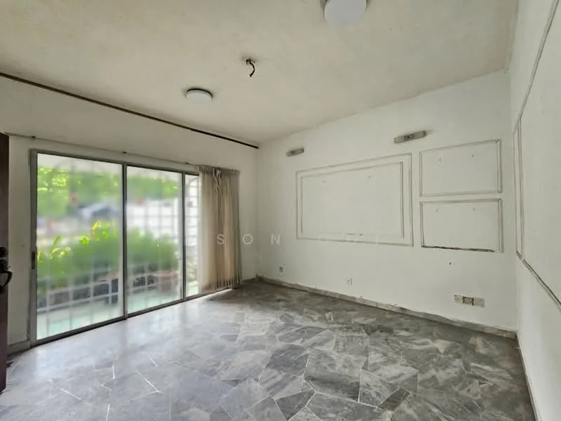 Room features: slate tile flooring, white painted walls, ceiling light fixture, sliding glass door, curtains, wall-mounted light fixtures, textured ceiling, decorative wall paneling; view: garden.