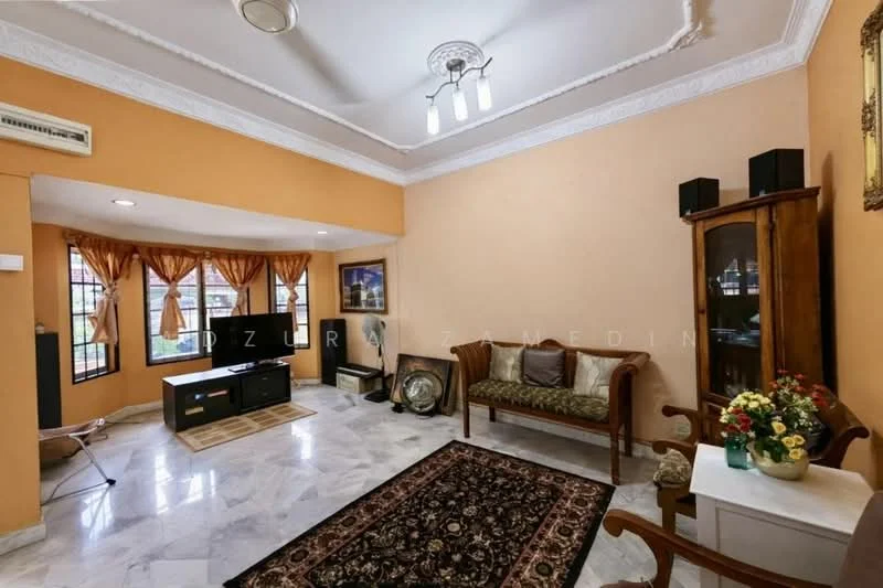 Living features: orange painted walls, white ceiling with crown moulding, marble flooring, 3-blade ceiling fan, wall-mounted TV, TV console, framed artwork, decorative mirror, wooden sofa with upholstery, coffee table, area rug with intricate pattern, curtains on windows, built-in cabinet, houseplants in ceramic pots; style: traditional.