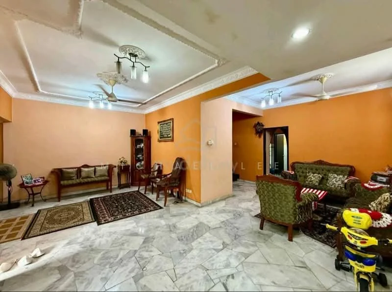 Living features: marble flooring, orange painted walls, white ceiling with crown moulding, 2 ceiling fans, sofa set with floral upholstery, wooden coffee table, decorative area rug, wooden side table, wall-mounted decorative shelf, framed artwork, floor lamp, TV console, children's toy, decorative mirror; style: traditional.