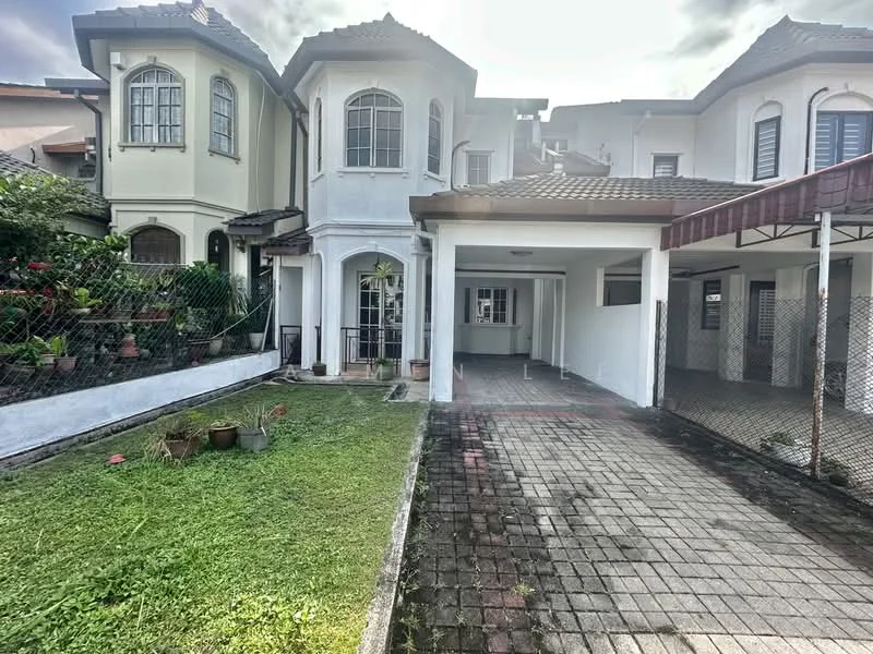 Exterior type: semi-detached house; features: white painted facade, gabled roof, paved driveway, manicured lawn, garden area with plants, fenced perimeter, car porch with awning, multiple windows, front entrance with door, brick pathway; style: modern.