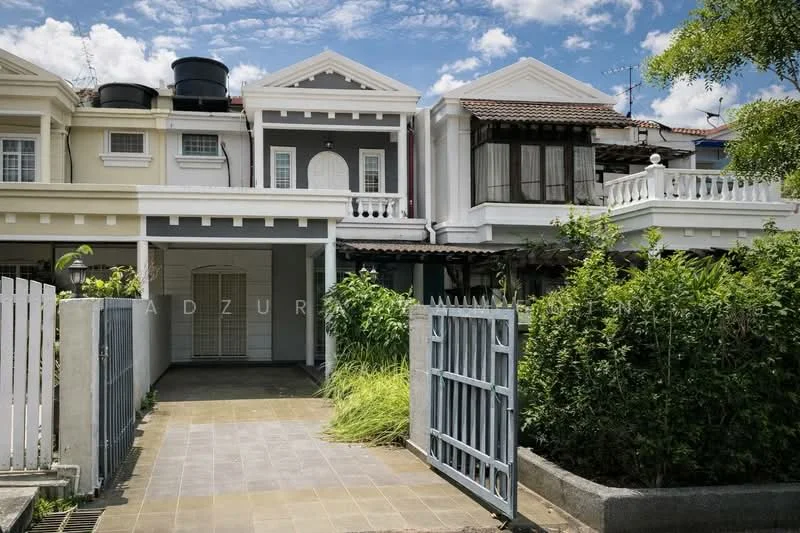 Exterior type: linked terrace house; features: white painted facade, pitched tile roof, balcony with railing, manicured lawn, paved driveway, water tanks on roof, front gate, surrounding greenery; style: modern.
