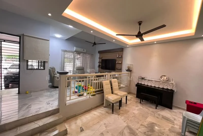 Living features: marble flooring, recessed ceiling with LED lighting, 5-blade ceiling fan, wall-mounted TV, wooden console table, upholstered dining chairs, decorative tablecloth, large windows with sheer curtains, open layout to adjacent room, light grey painted walls; style: modern. Room features: children's play area visible, light grey painted walls, large windows with sheer curtains.
