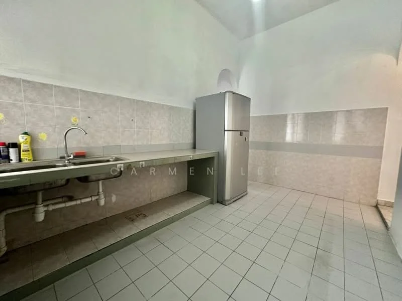 Kitchen features: single-bowl stainless-steel sink, chrome faucet, grey laminate countertop, white tiled backsplash, stainless-steel fridge, white tiled flooring, white painted walls, under-sink plumbing visible.