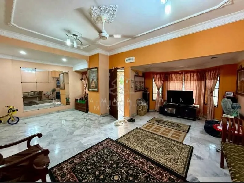 Living features: marble tile flooring, orange painted walls, crown moulding, ceiling fan with light, recessed downlights, large windows with sheer curtains, TV console, wall-mounted TV, area rug with geometric pattern, decorative mirror, wooden bench, decorative wall clock; style: contemporary. Room features: mirrored wall, additional seating area, decorative plants.