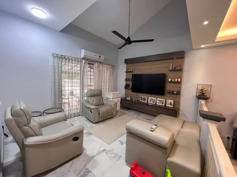 Living features: 2 leather recliner chairs in beige, 3-seater fabric sofa in light grey, coffee table, TV console with wooden finish, wall-mounted TV, decorative wall shelves, floor-to-ceiling windows with sheer curtains, ceiling fan with light, marble tile flooring, light grey painted walls, recessed lighting, decorative items on shelves; style: modern.