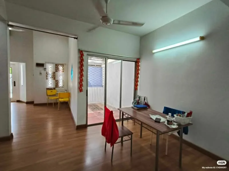 Room features: light wood laminate flooring, white painted walls, ceiling fan, sliding glass door, table with chairs, decorative wall hanging, LED strip lighting, window with sheer curtains; style: modern; view: garden.
