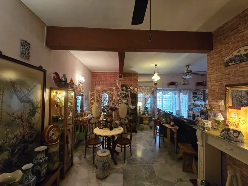 Living features: exposed brick wall, cream painted walls, marble flooring, 5-blade ceiling fan, recessed downlights, wooden furniture, decorative vases, display cabinets, table with decorative items, curtains on windows, wall-mounted shelves, area rug; style: traditional.