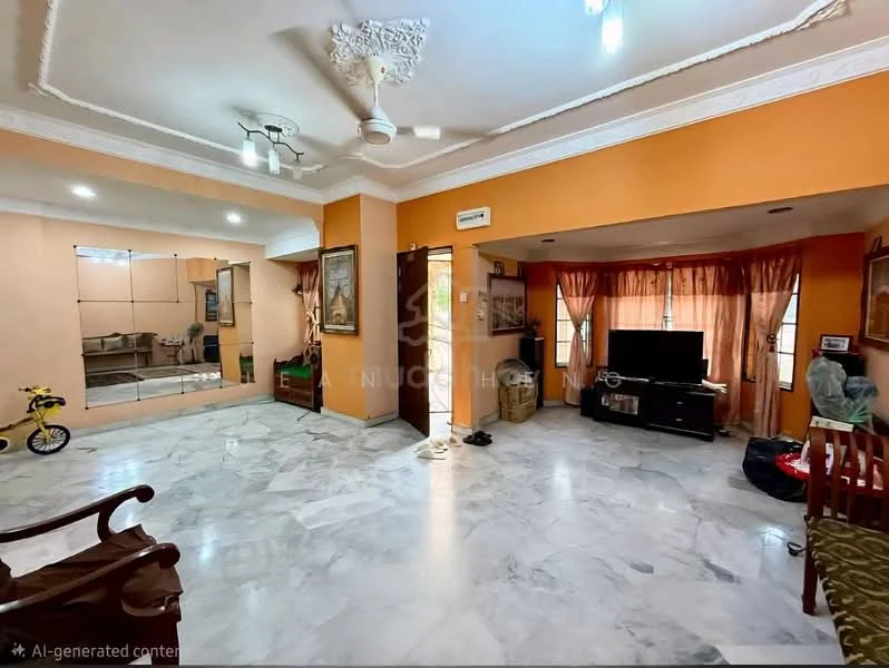 Living features: marble flooring, orange painted walls, crown moulding, 5-blade ceiling fan with light, wall-mounted TV, wooden TV console, large windows with sheer curtains, decorative mirror, sofa set, coffee table, area rug, bicycle, built-in wardrobe with mirrored doors; style: traditional.